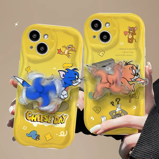 Cream-textured Tom & Jerry rotating stand phone case