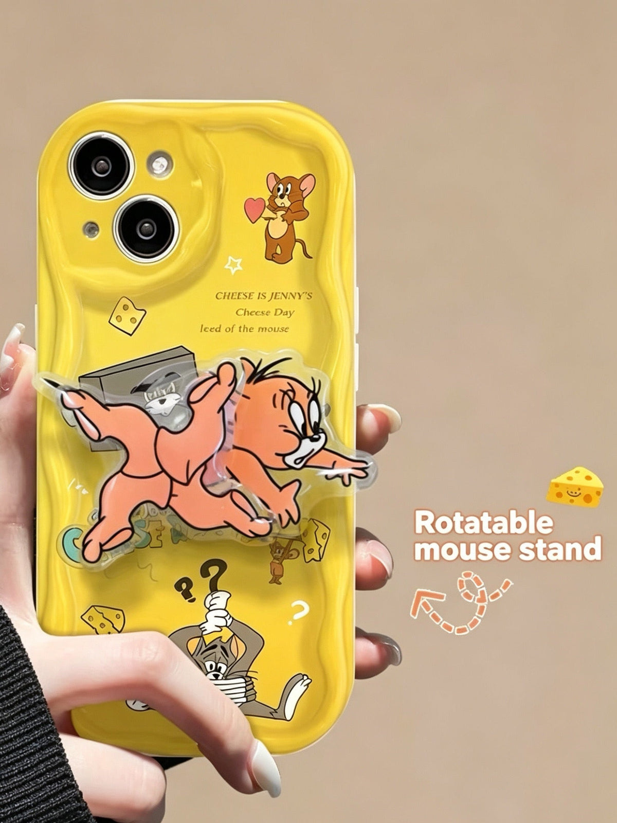 Cream-textured Tom & Jerry rotating stand phone case