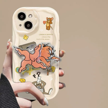 Cream-textured Tom & Jerry rotating stand phone case