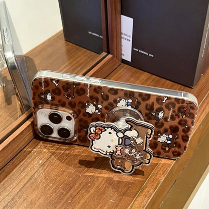 Brown leopard-print phone case featuring a dachshund and Hello Kitty, with a built-in stand.