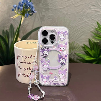 Magnetic Phone Case with Cartoon Figurine Holder and Wrist Strap