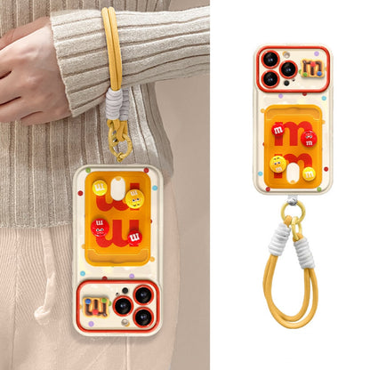 Flip-mirror M&M's character phone case with card holder and lanyard