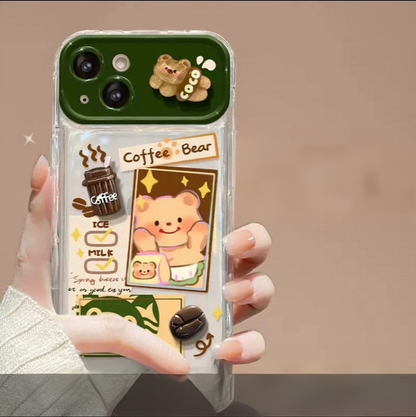 Phone case with a flip-out mirror and a Butter Bear plush charm.