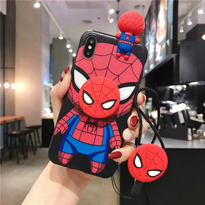 Cartoon Spider-Man, Iron Man, and Batman Phone Case with Kickstand and Lanyard