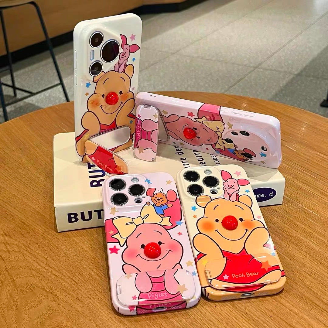 Couple's Red-Nosed Winnie the Pooh & Piglet Phone Case with Mirror Stand