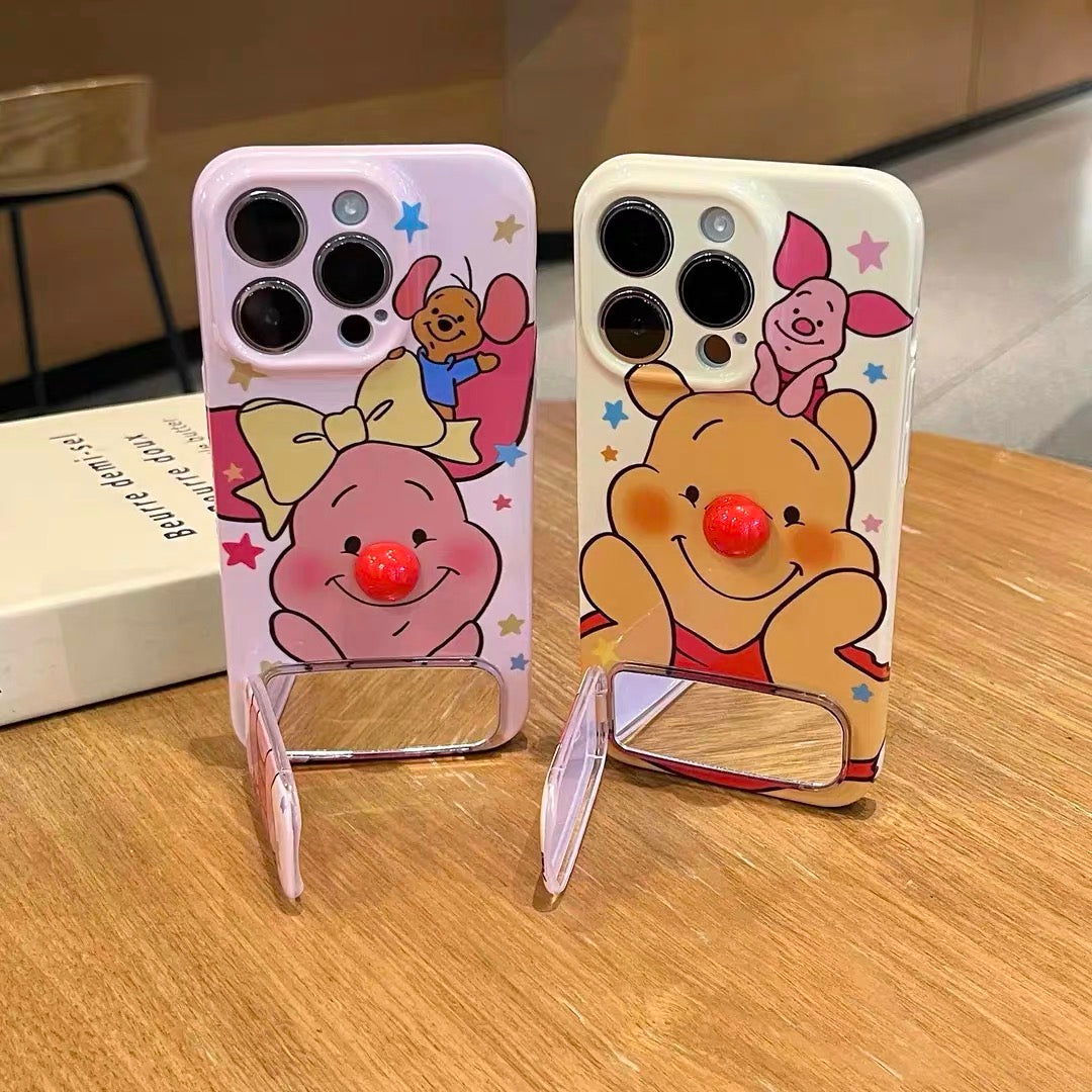 Couple's Red-Nosed Winnie the Pooh & Piglet Phone Case with Mirror Stand