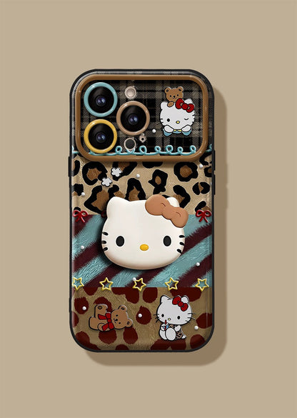 Leopard Print Hello Kitty Flip Phone Case with Mirror and Stand