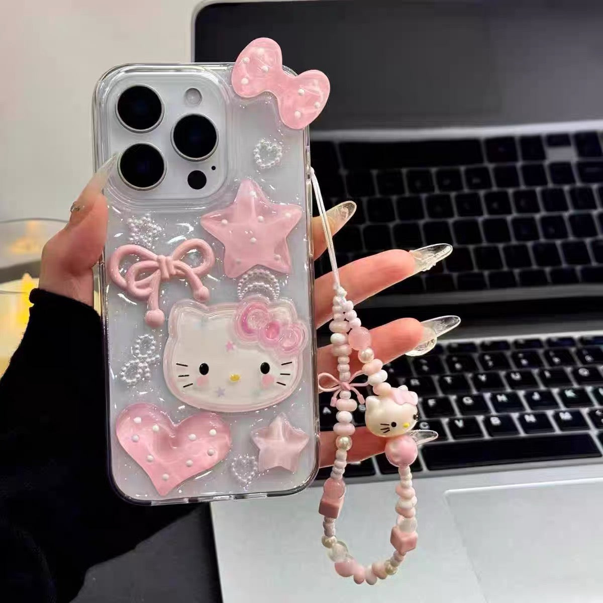 3D Pink Star Heart Bow Kitty Cat Bracelet Phone Case