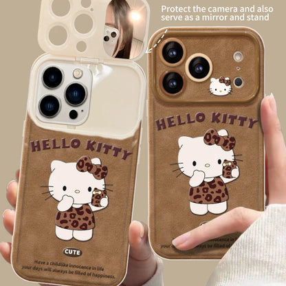Leather-colored leopard print Kitty flip mirror phone case