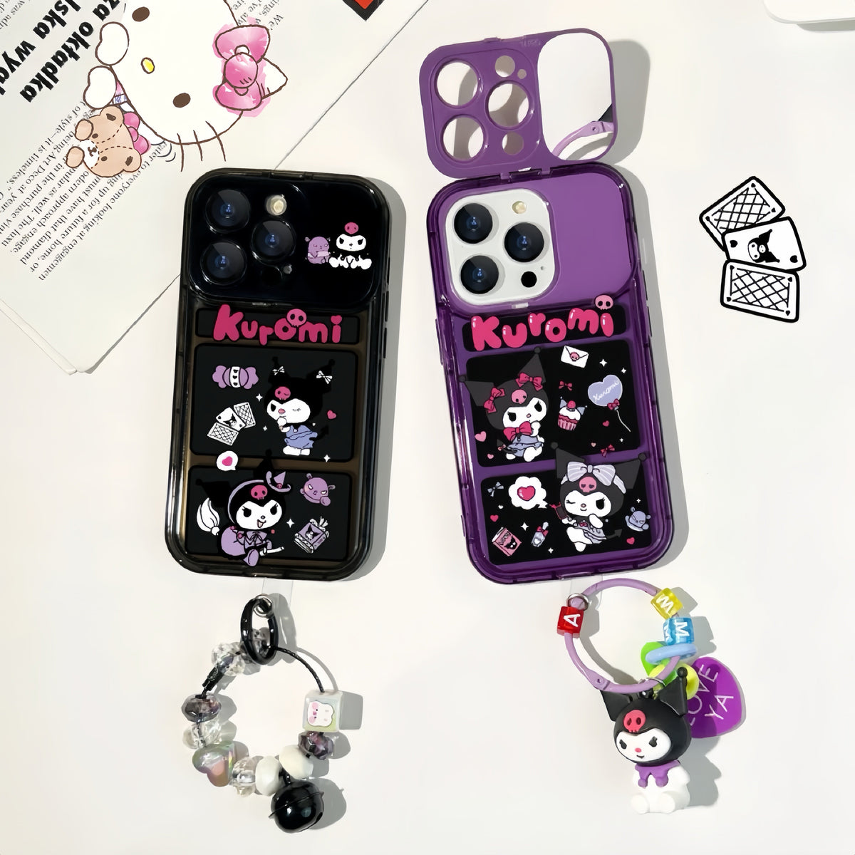 Kuromi flip phone case with mirror and stand