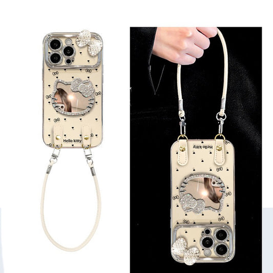 White sparkly Kitty mirror phone case (with wrist strap)