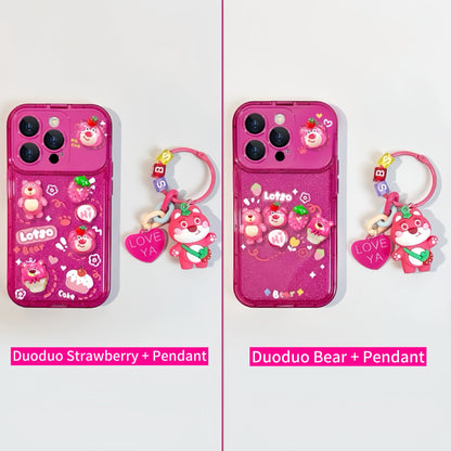 Sparkling Strawberry Bear flip phone case with mirror and stand