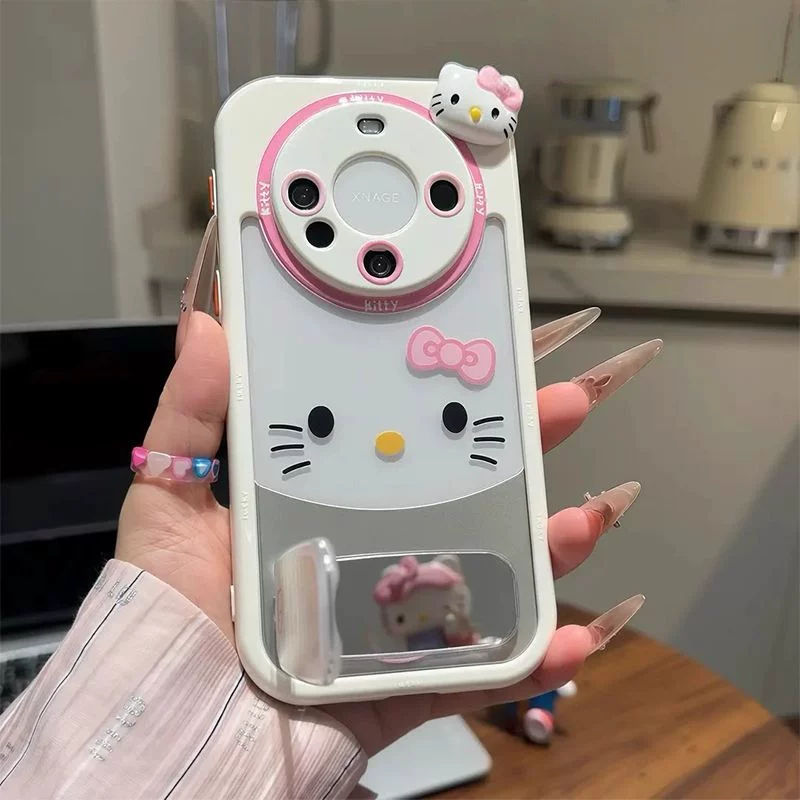 KT Cat Plush Mirror Stand with Hanging Strap for Phone Case