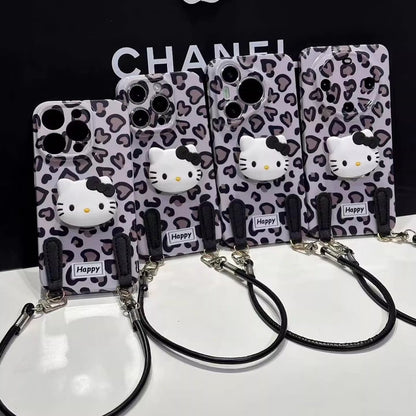 Leopard Print Hello Kitty Phone Case with Stand and Lanyard
