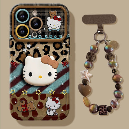 Leopard Print Hello Kitty Flip Phone Case with Mirror and Stand