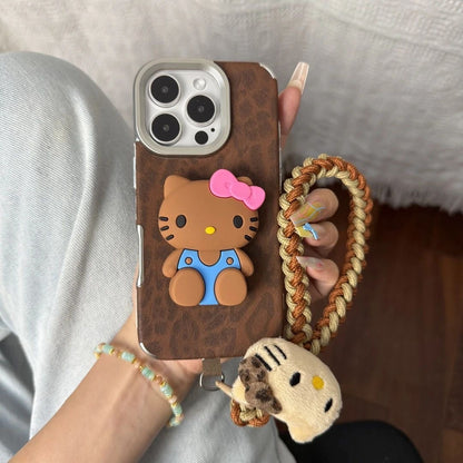 Retro leopard print Kitty cat stand phone case