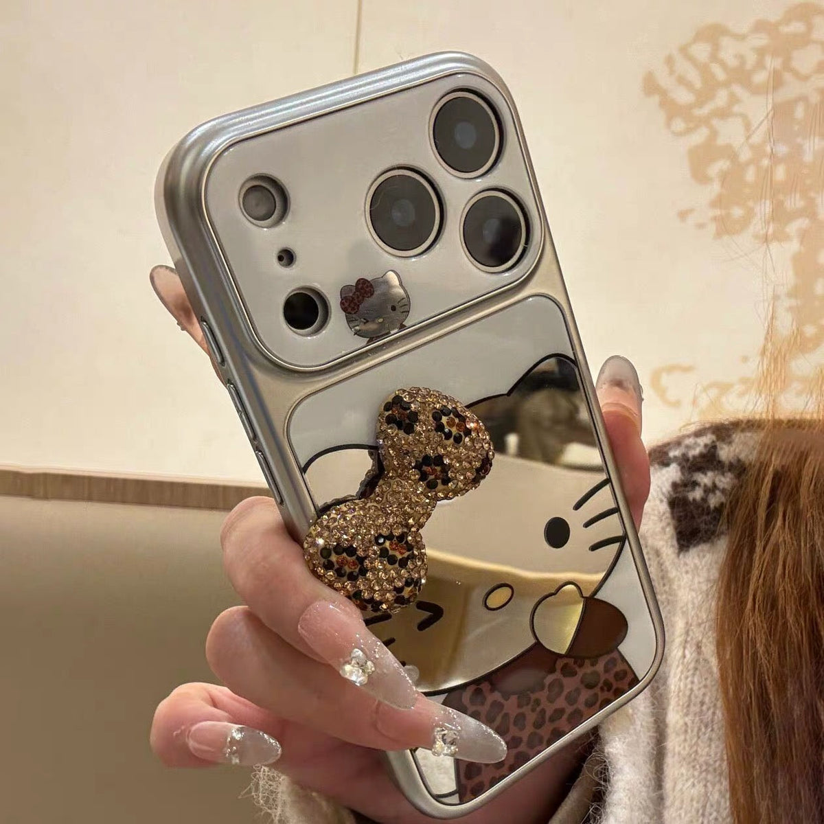 Leopard print 3D bow Kitty mirror phone case