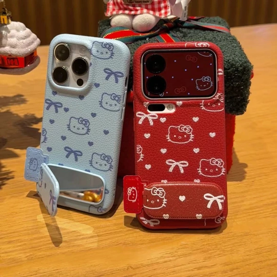 Full-screen heart-patterned Kitty mirror phone case with stand