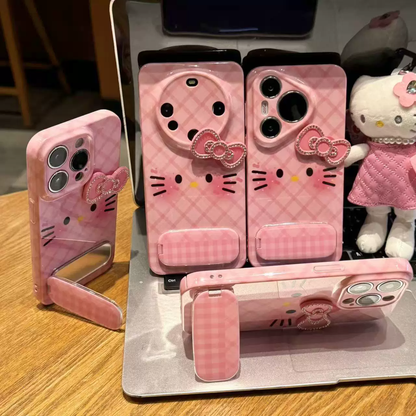 Pink checkered cat phone case with bow