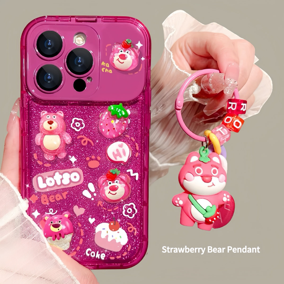 Sparkling Strawberry Bear flip phone case with mirror and stand