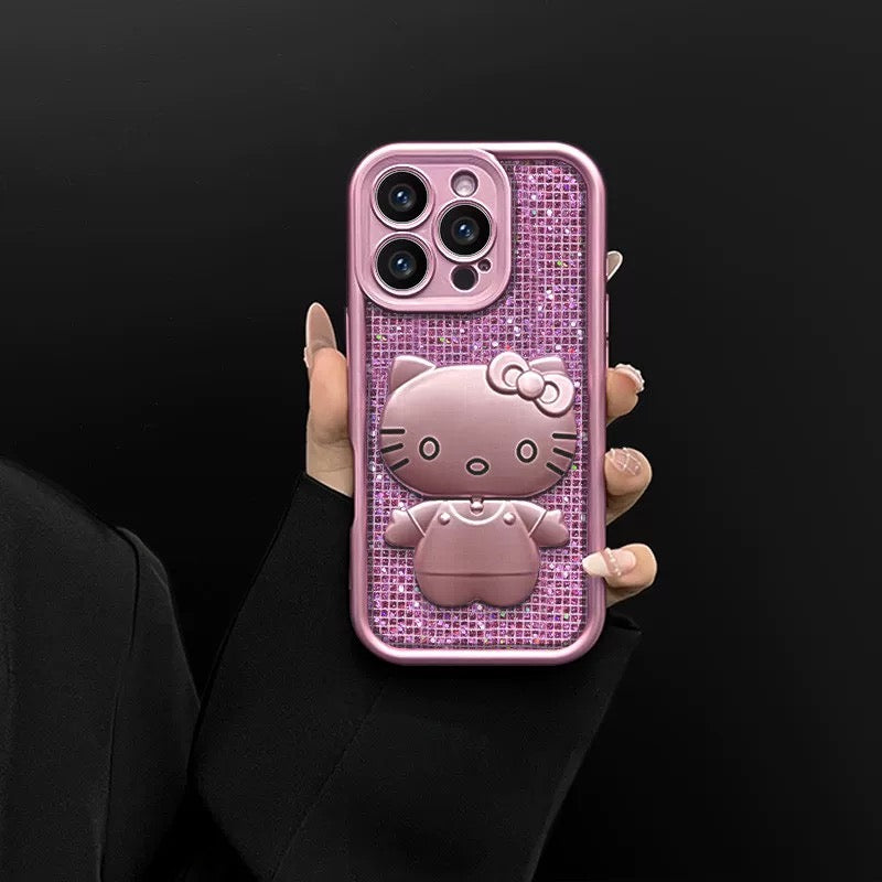 Rotating Kitty phone case with mirror and stand – Purple