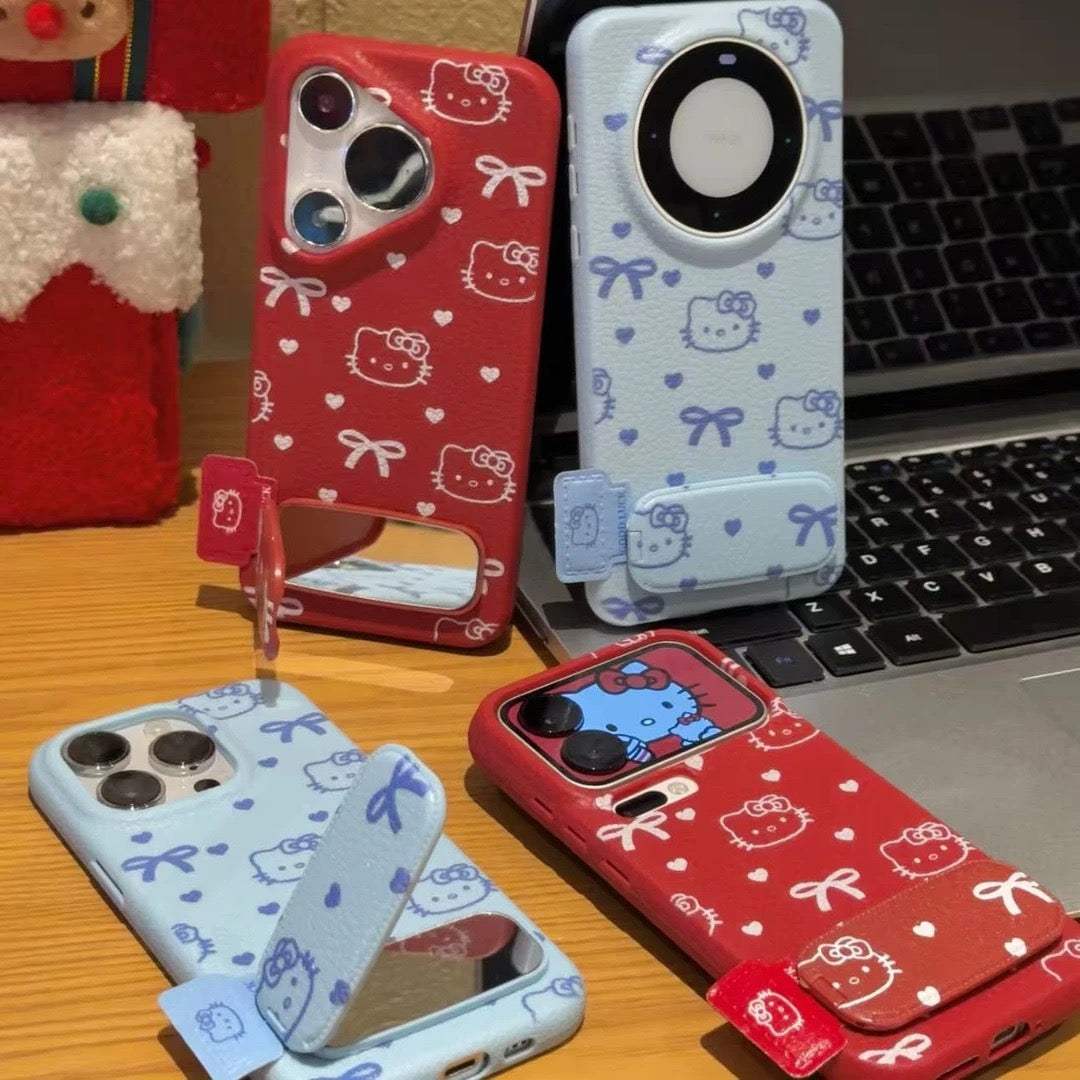 Full-screen heart-patterned Kitty mirror phone case with stand