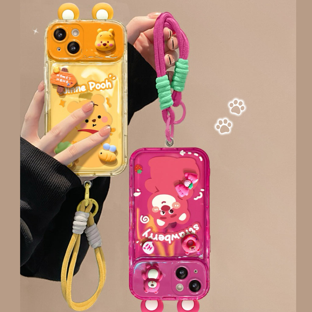 Strawberry Bear + Winnie the Pooh flip phone case (with mirror and stand)