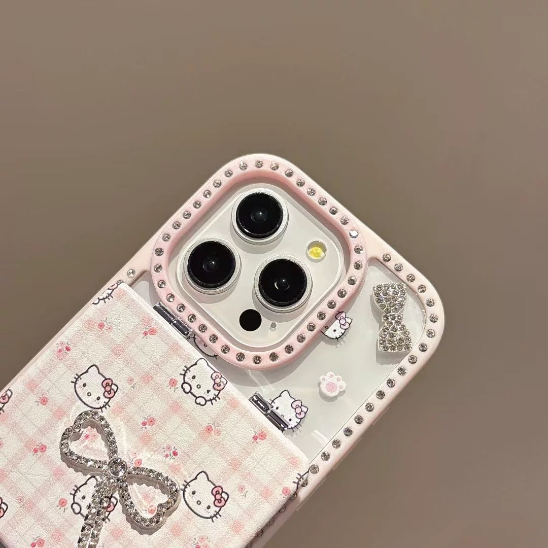 Pink Kitty Bow Phone Case with Mirror Holder