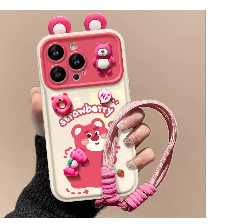 White Strawberry Bear Flip Phone Case with Mirror and Stand