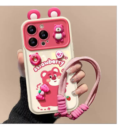 White Strawberry Bear Flip Phone Case with Mirror and Stand
