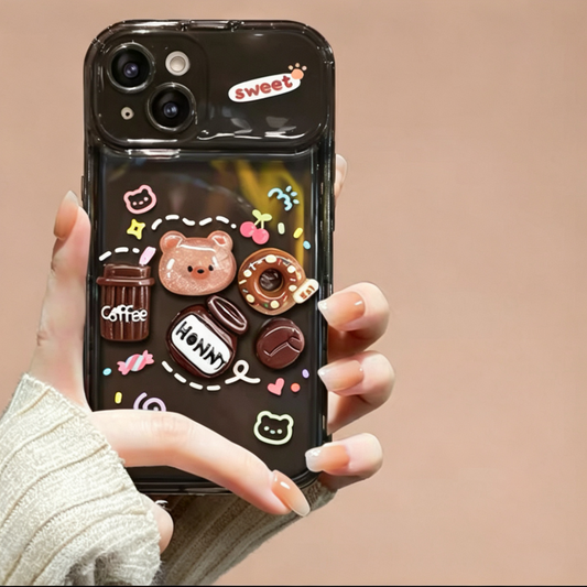 3D bear and Coffee Portable Mirror Phone Case