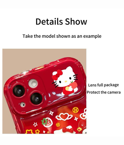 3D red Kitty Kuromi flip phone case with mirror and stand.