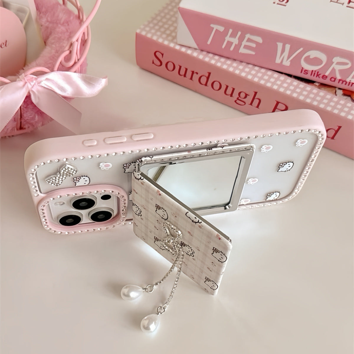 Pink Kitty Bow Phone Case with Mirror Holder
