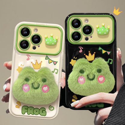 3D plush frog flip-cover phone case with mirror