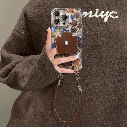 Retro Floral Phone Case with Kickstand, Leather Buckle, and Lanyard