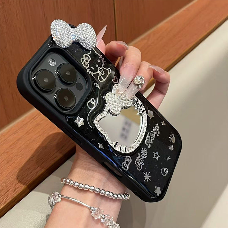 Android compatible Transparent Rhinestone Kitty Mirror Bow Phone Case
