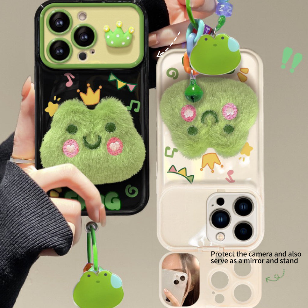 3D plush frog flip-cover phone case with mirror