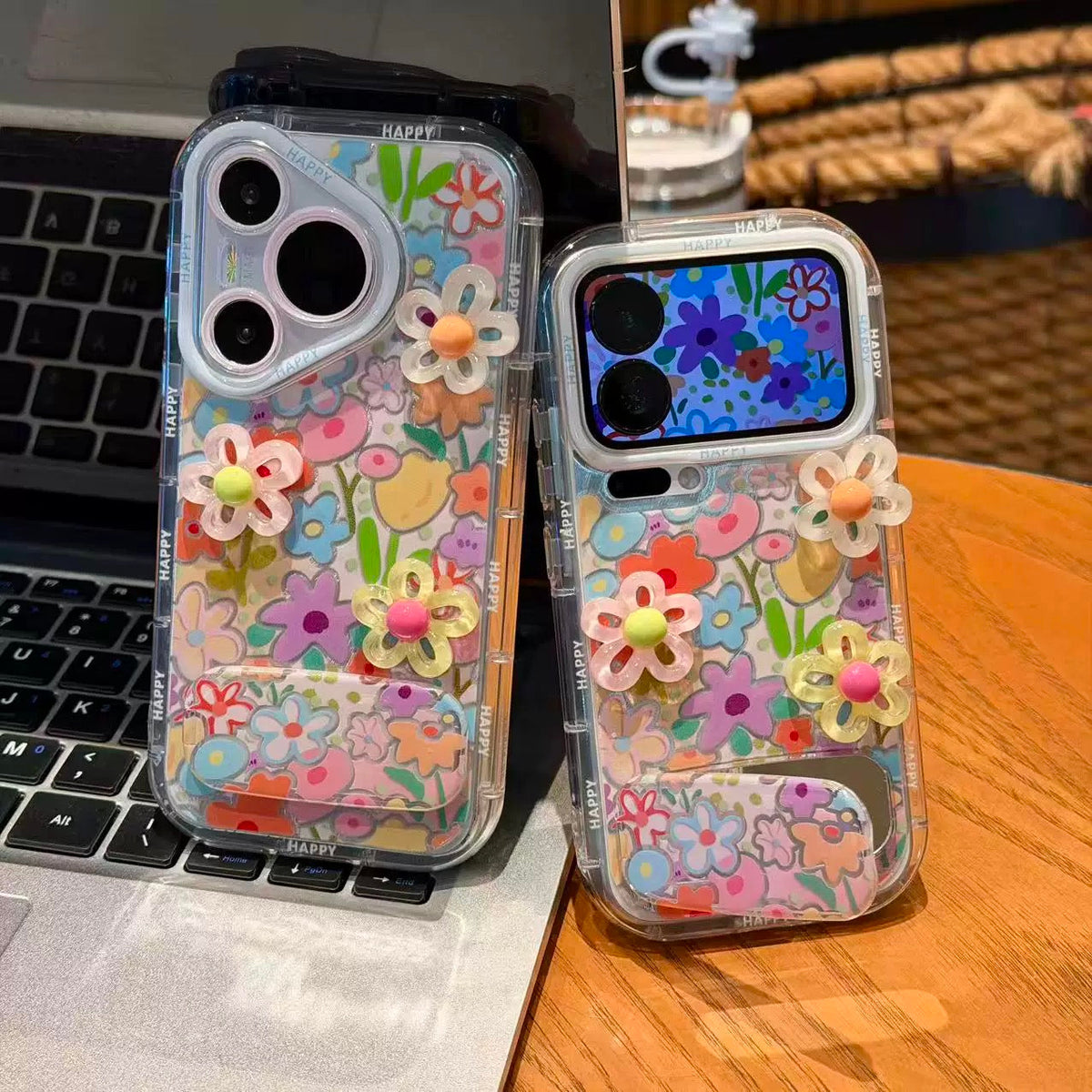 Full-screen floral mirror and stand phone case