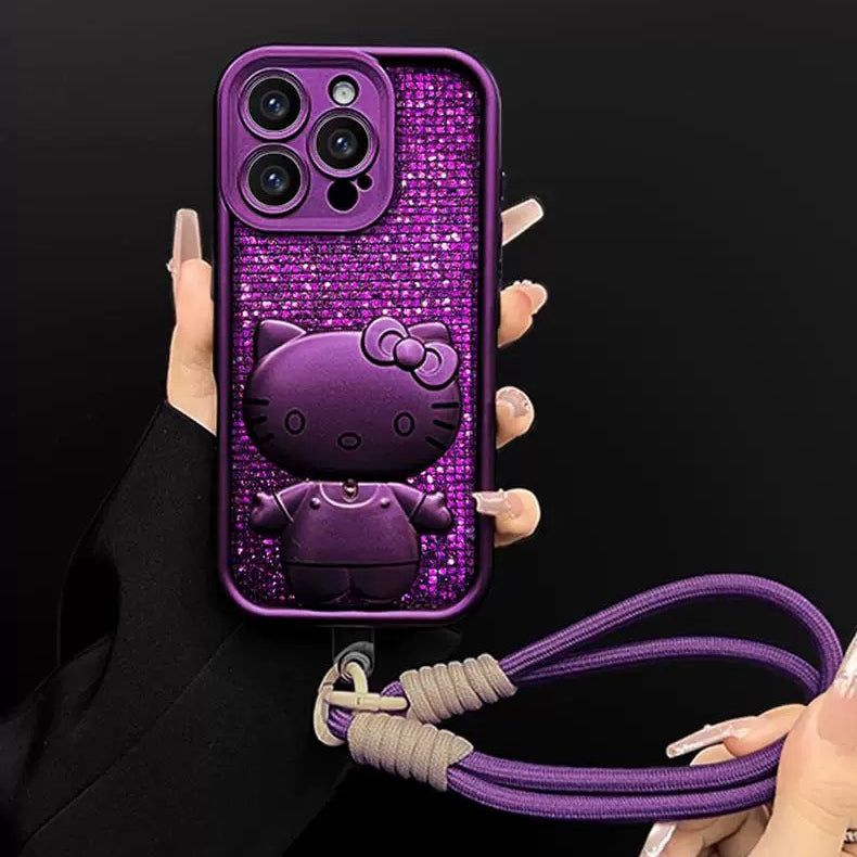 Rotating Kitty phone case with mirror and stand – Purple