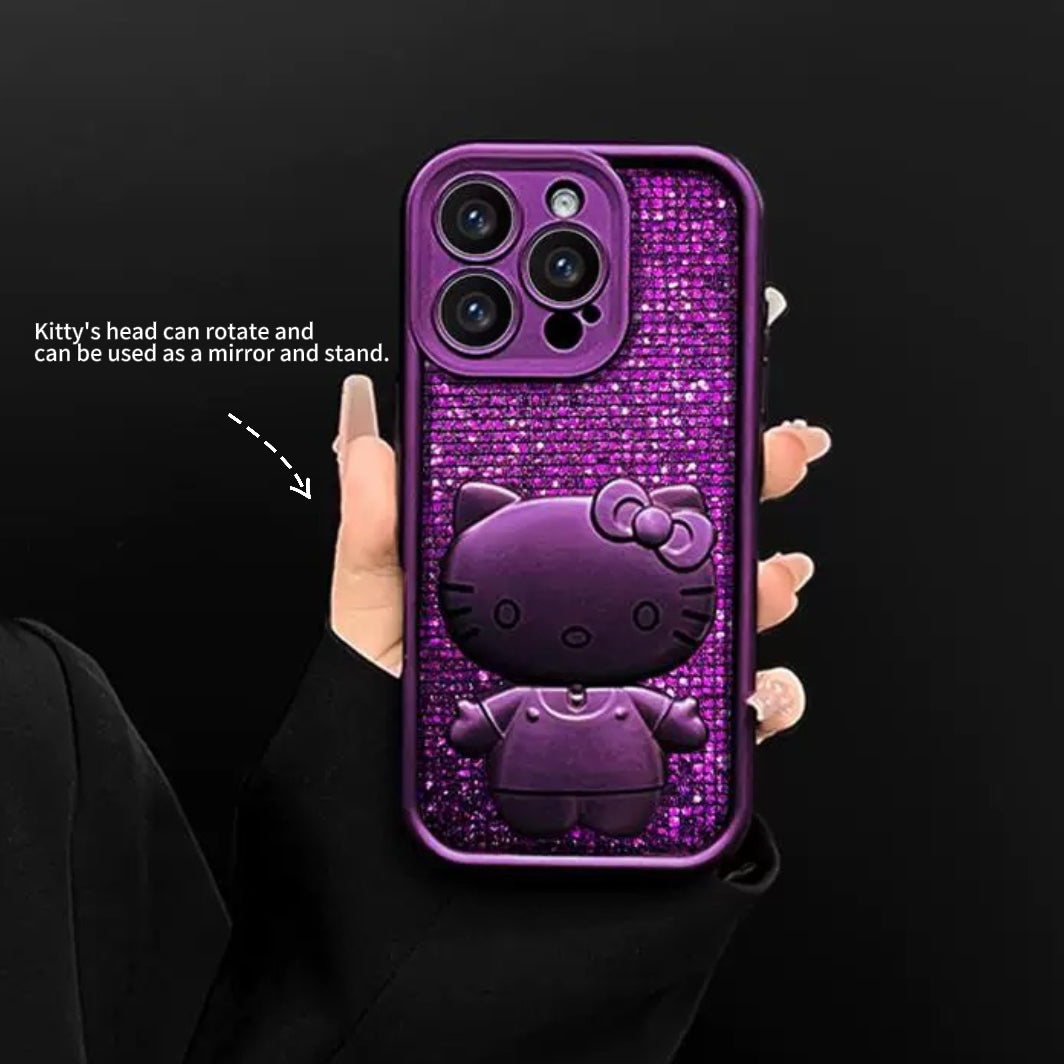Rotating Kitty phone case with mirror and stand – Purple