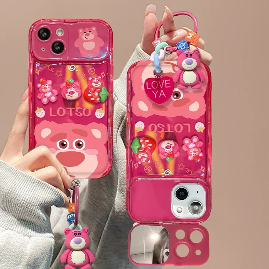 Strawberry Bear Flip Phone Case with Mirror and Stand