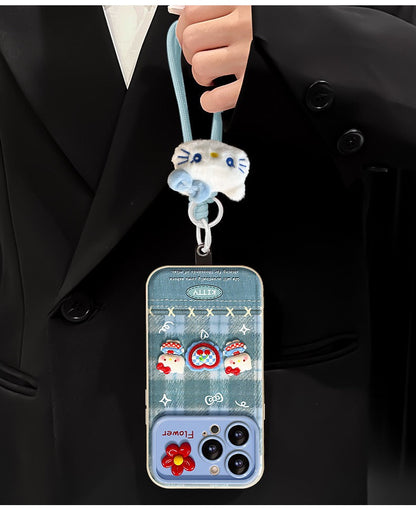 Blue Plaid Kitty Flip Phone Case with Mirror and Stand