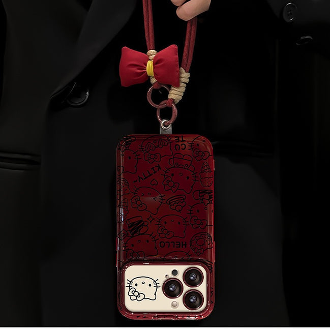 Android compatible Full Screen Line Kitty Flip Phone Case with Mirror and Stand