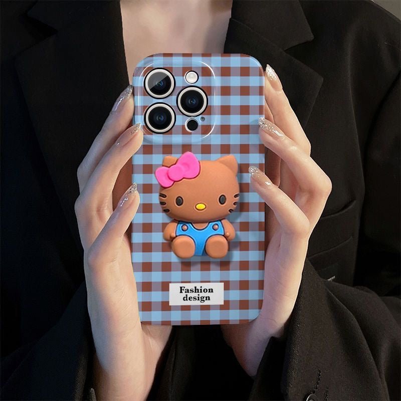 Retro plaid Kitty cat doll stand with lanyard phone case