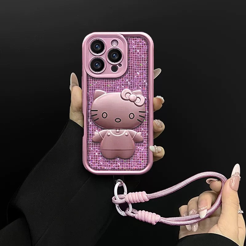 Rotating Kitty phone case with mirror and stand – Purple