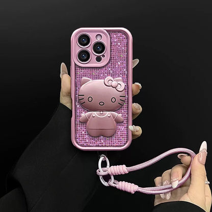 Rotating Kitty phone case with mirror and stand – Purple