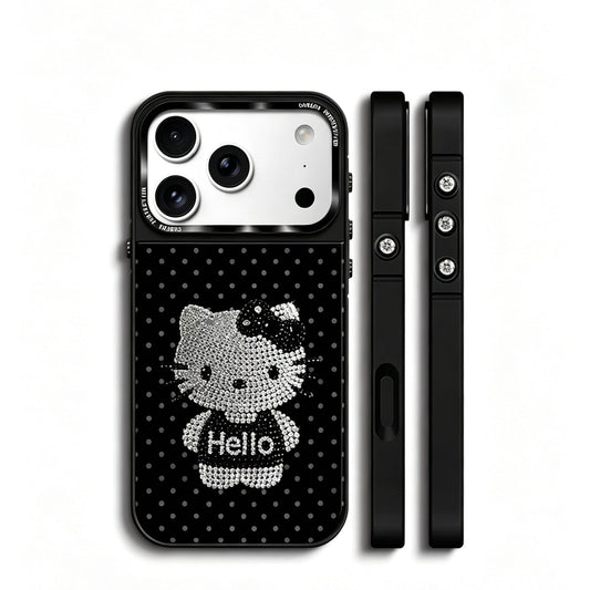 Gold-Plated Phone Case with Full-Set Rhinestone Kitty Cat Design