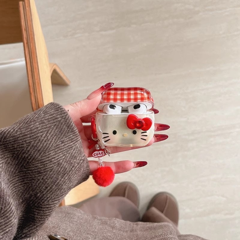 Cartoon plaid bowkity cat earphone cover