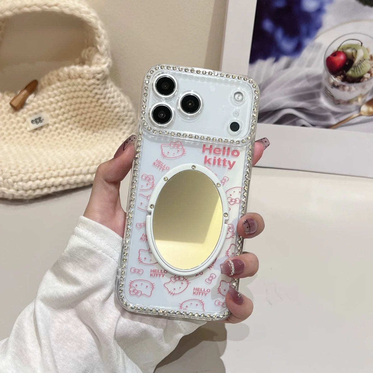 Kitty cat mirror diamond frame mobile phone case