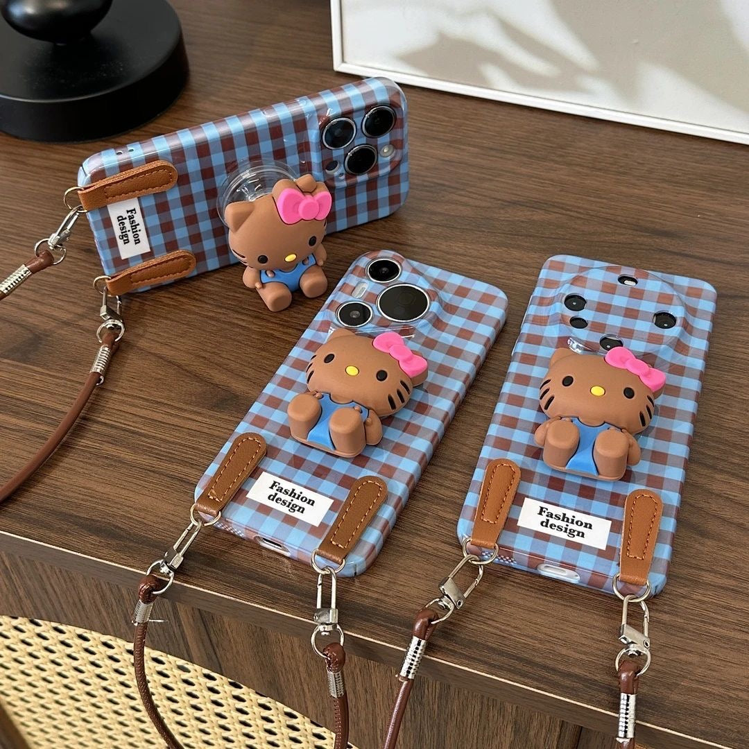 Retro plaid Kitty cat doll stand with lanyard phone case